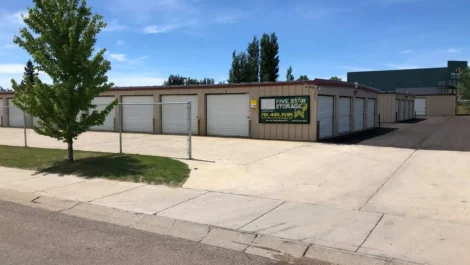 Storage facility with multiple units and a green tree in front.