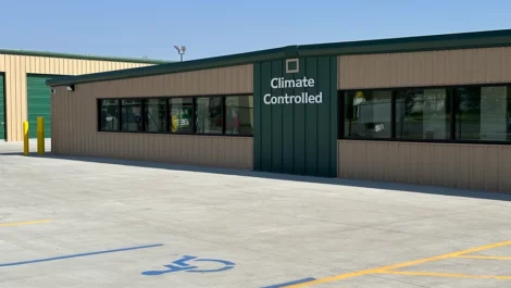 Climate controlled unit building with accessible parking spaces in front.