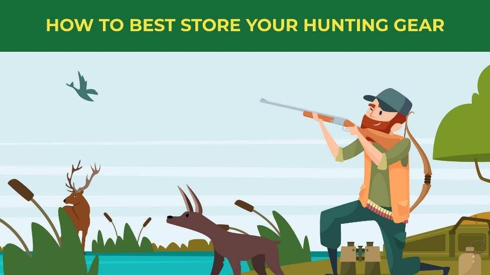 How to best store your hunting gear - man hunting in front of a lake with animals around him.