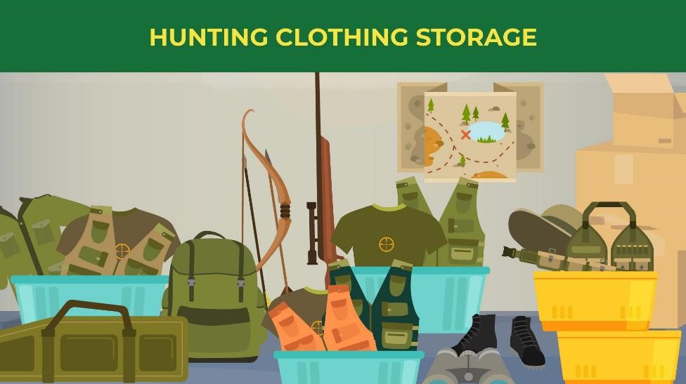 Hunting clothing storage - a room with hunting vests, shoes, shirts, hats, and other hunting equipment.