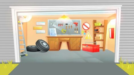 An illustration of a well organized garage with tools and tires.