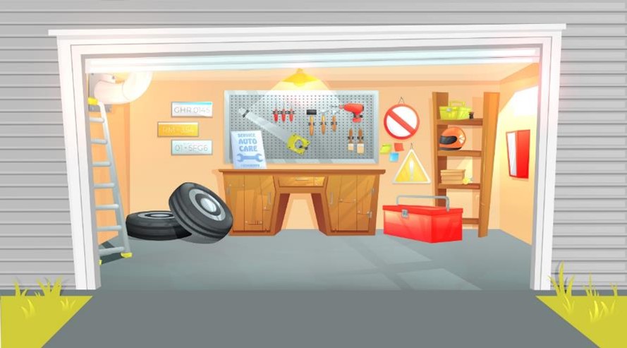 An illustration of a well organized garage with tools and tires.