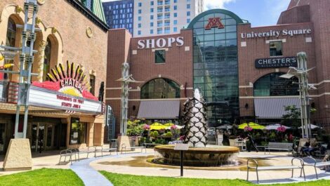 University Square shops in Rochester with a public park plaza with theater, fountain, restaurants