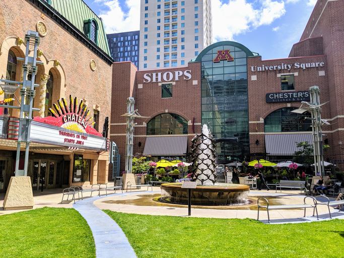 University Square shops in Rochester with a public park plaza with theater, fountain, restaurants.