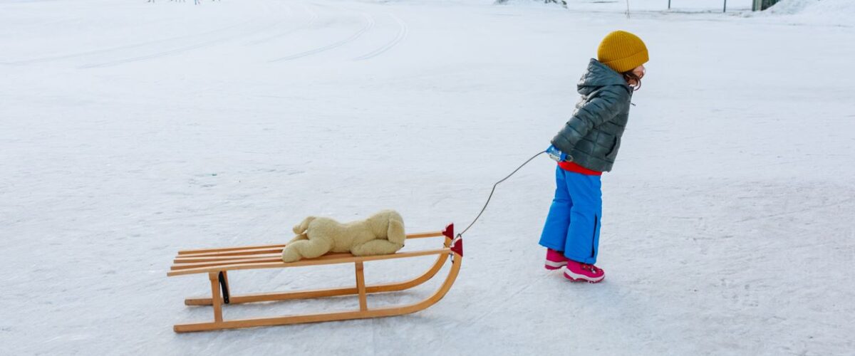 Toddler in colorful winter clothes pulling a sled with a stuffed animal through the snow.