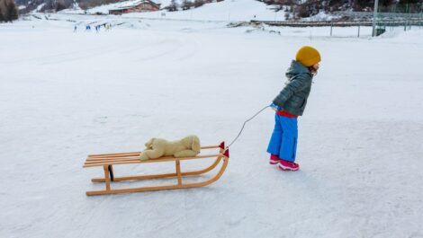 Toddler in colorful winter clothes pulling a sled with a stuffed animal through the snow.