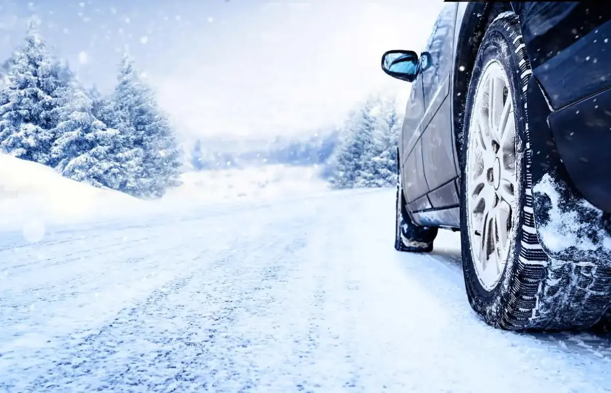 Car tire on a snowy road with winter trees in the background.