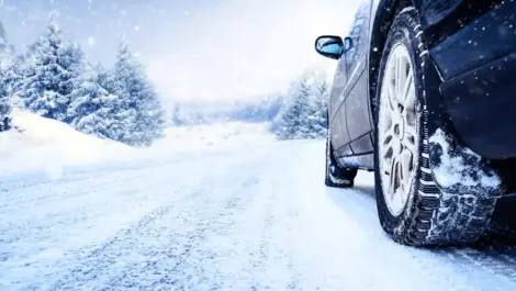 Car tire on a snowy road with winter trees in the background.
